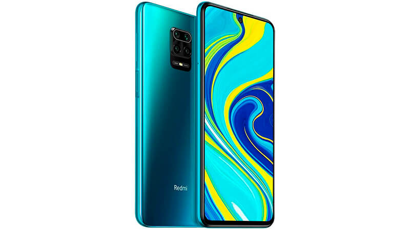 imagem de um celular XIaomi Redmi Note 9S na cor verde de frente e de costas 