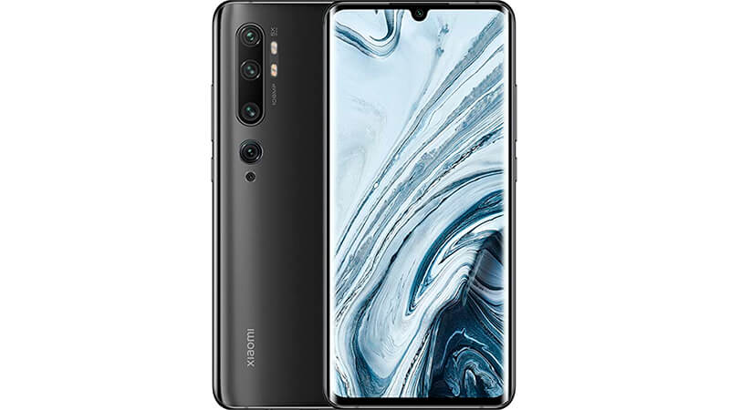 imagem de um celular XIaomi Mi Note 10 de frente e de costas 