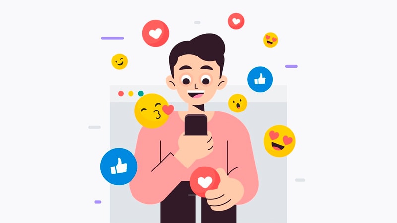 Ilustração de um celular e vários emojis