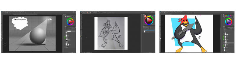 Capturas de tela do photoshop em aulas diferentes do curso de pintura digital