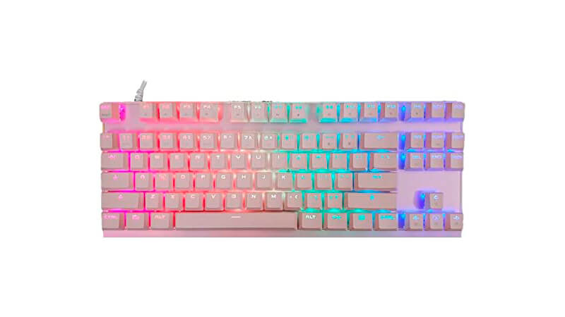 imagem de um teclado mecânico Motospeed K82 na cor rosa com iluminação RGB