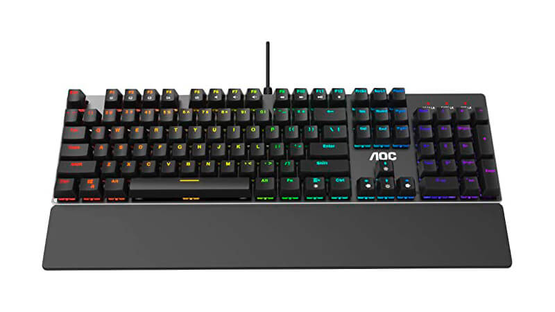 imagem de um teclado mecânico AOC GK500 na cor preta com iluminação RGB