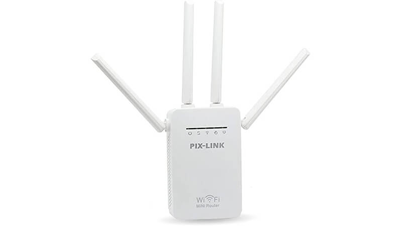 imagem de um repetidor de sinal wi-fi da Pix-Link na cor branca com três antenas