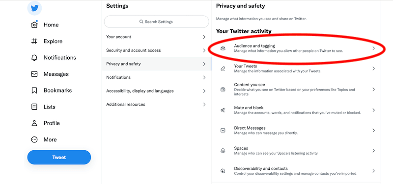 Twitter privacy and safety menu, the "Audience and tagging" option is highlighted. 