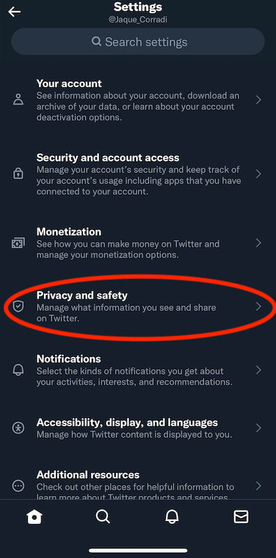 Twitter settings menu where the Privacy and safety option is highlighted.