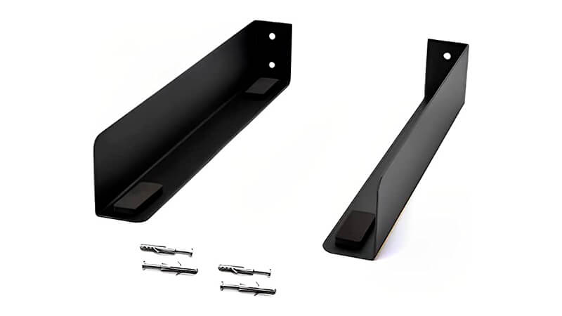 imagem de um suporte para micro-ondas na cor preta com dois suportes de aço e quadro buchas de fixação