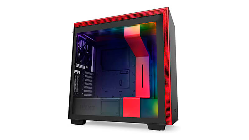 imagem de um gabinete gamer NZXT na cor preta com detalhes em vermelho e iluminação RGB