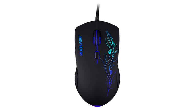 imagem de um mouse gamer Multilaser na cor preta com iluminação Azul