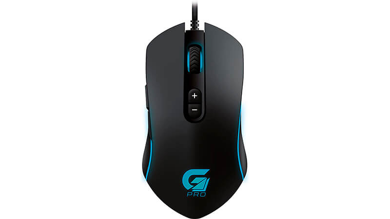 imagem de um mouse gamer Fortrek Pro na cor preta com iluminação Azul