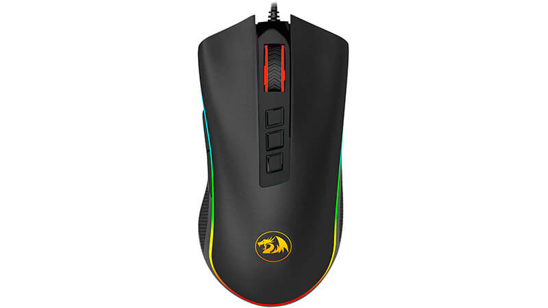 imagem de um mouse gamer Redragon Cobra na cor preta com iluminação RGB