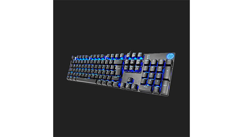 imagem de um teclado mecânico HP na cor preta com iluminação azul