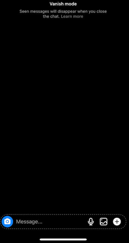 Vanish mode screen on Instagram. It's written "Vanish mode. Seen messages will disappear when you close the chat".