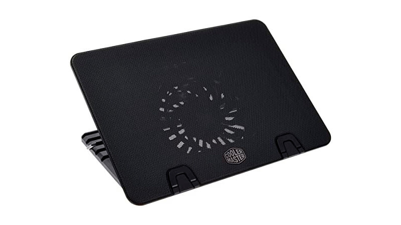 imagem de um suporte para notebook da Cooler Master com ventoinha e estrutura regulável na cor preta