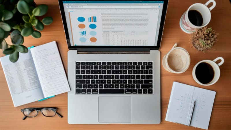 foto de um notebook aberto e um caderno com caneta em cima de uma mesa