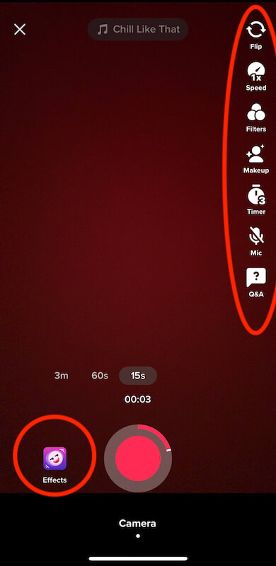 TikTok recording page, onw the side there are the edition tools