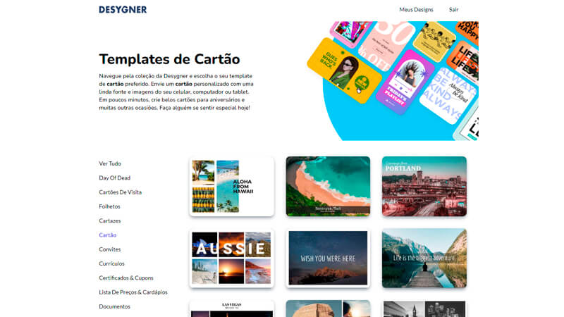 imagem que mostra diversos modelos de cartão de aniversário virtual disponíveis no Desygner