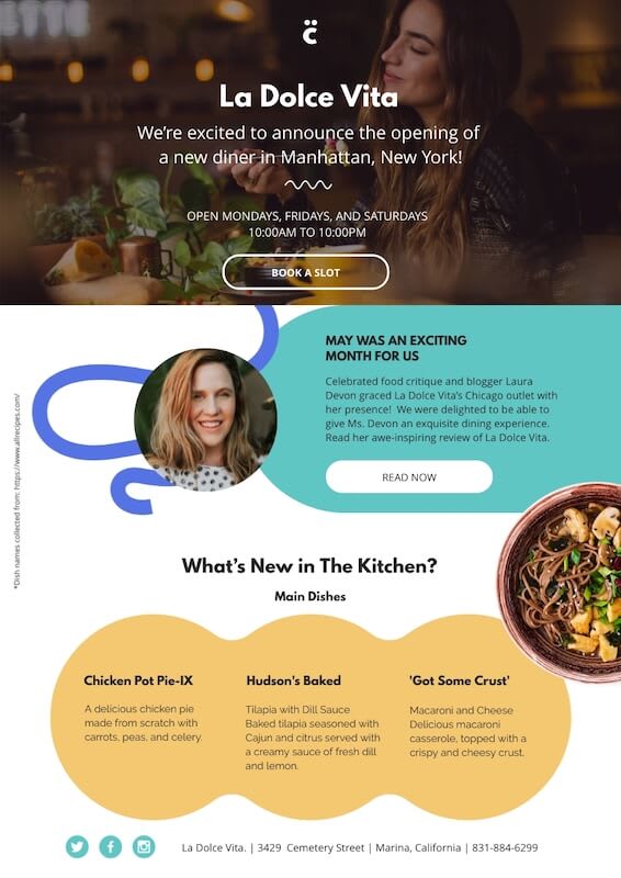 The Image is a newsletter, along with the texts it shows a wiman eating, another woman smiling and a plate of food.