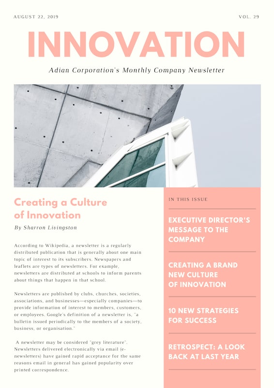 The image shows a newsletter with the title Innovation, there is an image of a building and the text is structured in boxes.