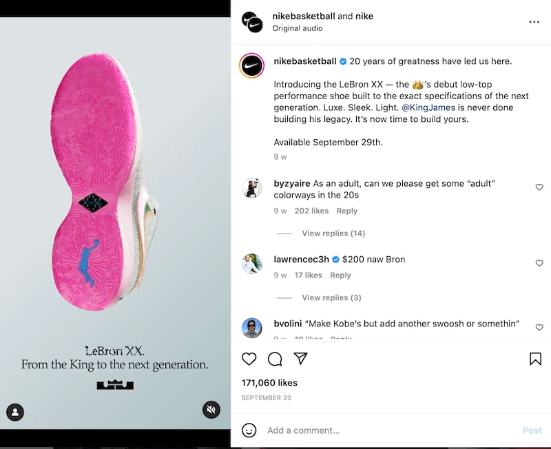 The image shows a post from Nike Instagram where it shows the LeBron XX sneaker.