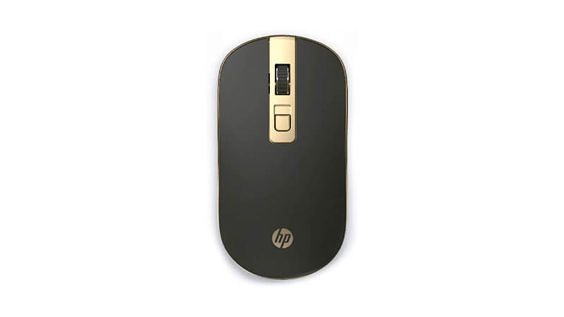 imagem de um mouse sem fio HP na cor preta com detalhes dourados