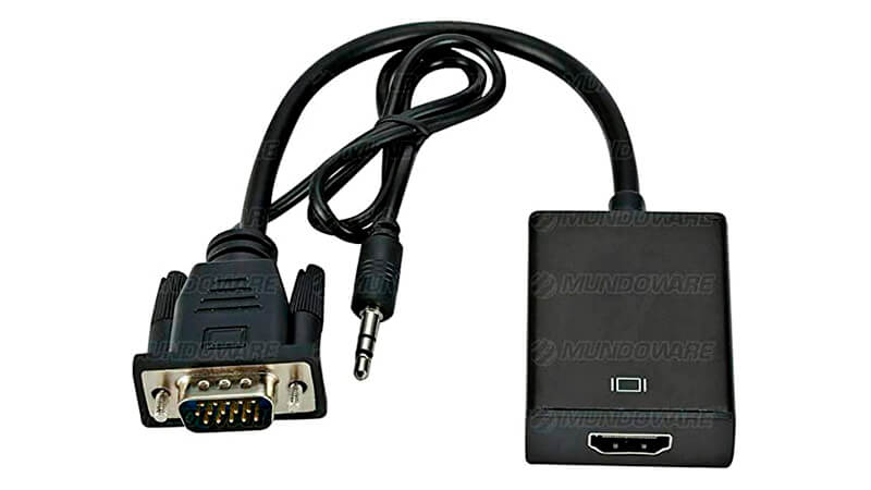 imagem de um adaptador VGA para HDMI com um cabo P2 da Exbom