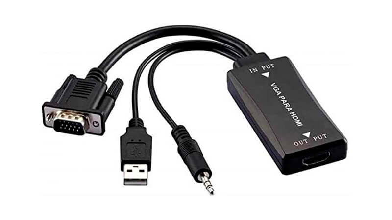 imagem de um adaptador VGA para HDMI com um cabo P2 e USB da Multilaser