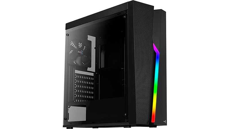 imagem de um gabinete para PC da Aerocool na cor preta com iluminação RGB na parte frontal