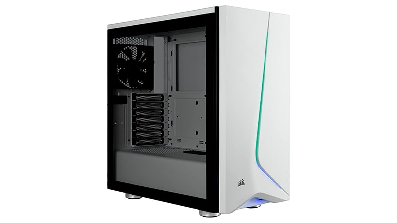 imagem de um gabinete para PC da Corsair na cor branca com uma faixa RGB na parte frontal