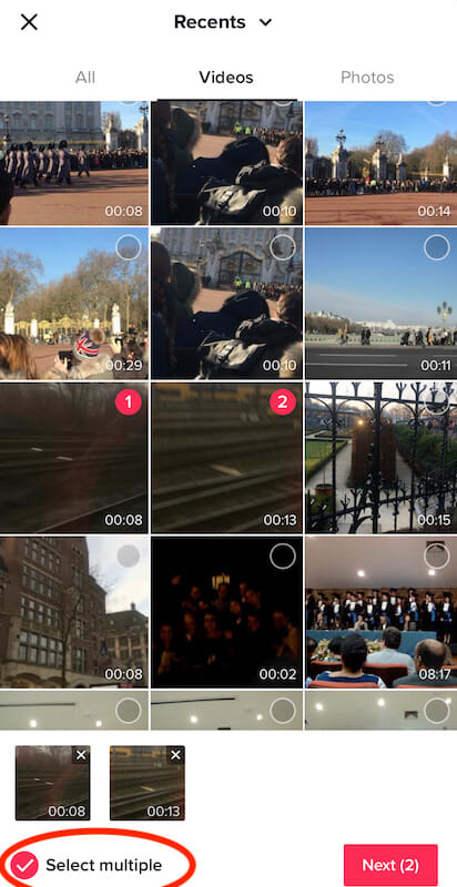 The image shows the videos to choose to upload to TikTok