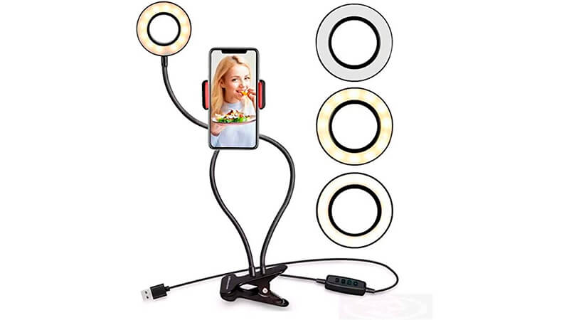 imagem de uma Ring Light de 8.5 centímetros de diâmetro articulada com um celular acoplado 