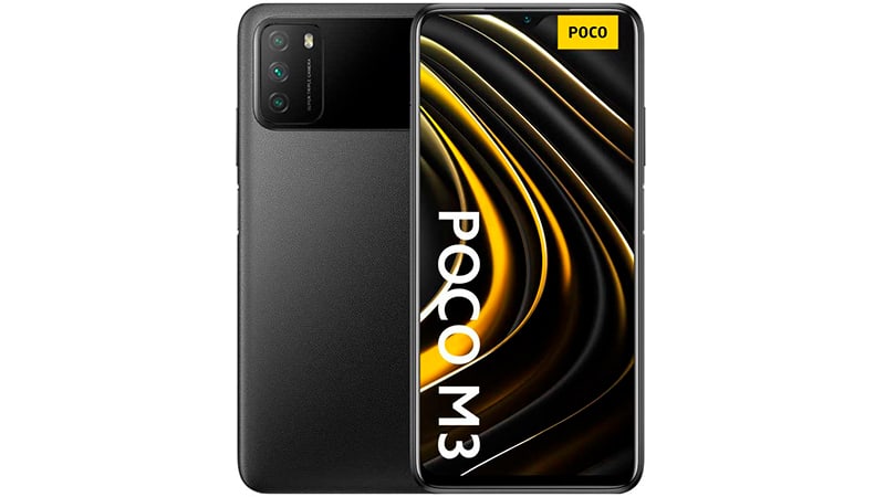 imagem de um smartphone Xiaomi Poco M3 de frente e de costas