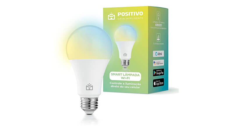 imagem de uma lâmpada smart da Positivo ao lado da caixa