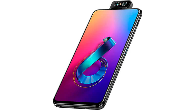 imagem de um celular Asus Zenfone 6 de frente com uma câmera flip na parte superior