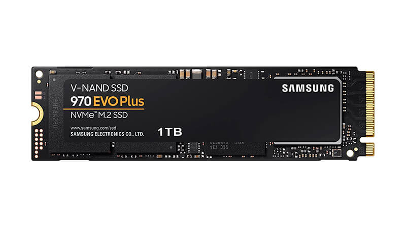 imagem de uma SSD NVMe de 1TB Samsung 970 Evo Plus na cor preta