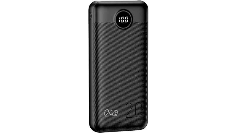 imagem de um power bank I2GO na cor preta com display digital