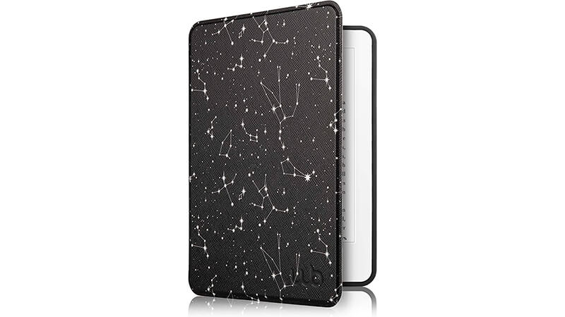 imagem de uma capa para Kindle de tecido na cor cinza com estampa de constelações