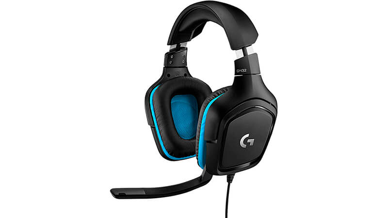 imagem de um headset Logitech G432 com fio e na cor preta com detalhes em azul