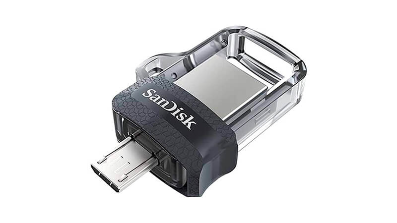 imagem de um pen drive de 256GB SanDisk com design transparente