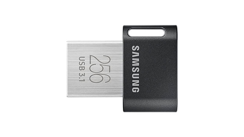 imagem de um pen drive de 256GB Samsung com design na cor preta