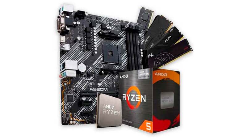 imagem que mostra um kit com um processador Ryzen ao lado da caixa, uma placa mãe e diversos pentes de memória RAM