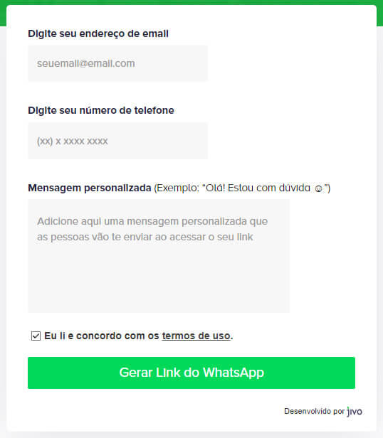 Captura de tela do gerador de link da JivoChat