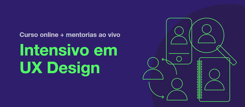 Texto "curso online + mentorias ao vivo Intensivo em UX Design" e ao lado símbolos relacionados a pessoas e itens usáveis