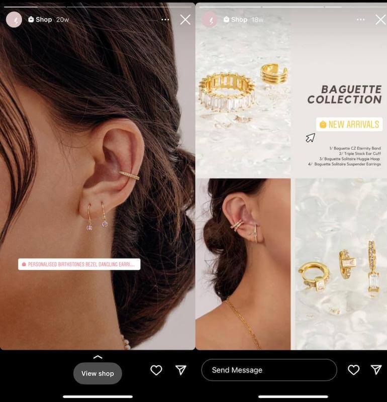 The image shows two Instagram stories promoting earrings.