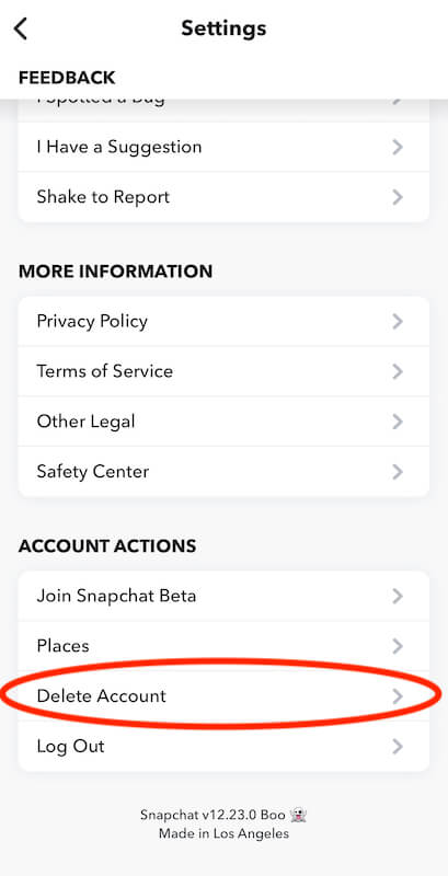 Snapchat settings page