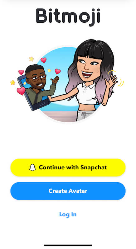 The image shows the Bitmoji app page where you can choose to continue with Snapchat, create avatar or log in.