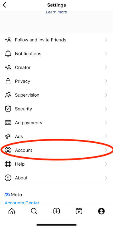 Instagram settings menu