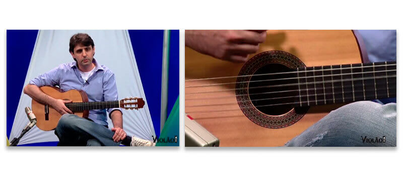 2 imagens, uma mostrando o professor segurando o violão e outra em detalhe mostrando sua mão tocando