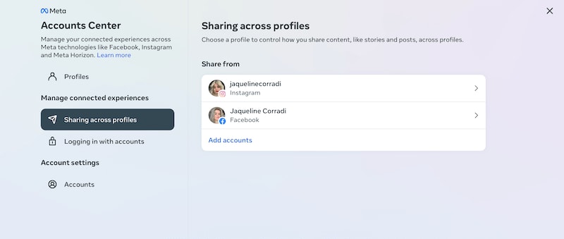 Accounts Center sharing across profiles page