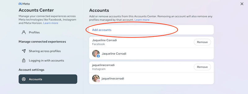 Add accounts page in the Accounts Center.