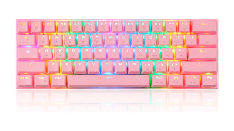 imagem de um teclado rosa da Motospeed com iluminação RGB